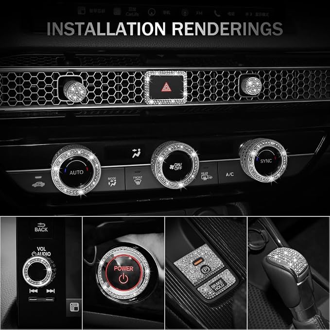 for Honda CRV CR-V EX-L EXL Hybrid Sport Touring Sport-L Bling Cute Accessories Accessory 2025 2024 2023, AC Volume Knobs, Air Vent Outlet, Gear Shift Cover, Start Ring Covers, Chrome, Silver, 13pcs