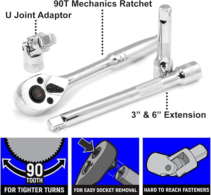Stark USA 47-Pieces 1/4" & 3/8" Drive Impact Socket Wrench SAE (5/16" to 3/4") & Metric (8 to 19mm) Reversible Ratchet Deep & Shallow, 6 Point, Ratchet, Universal Joint, Adapters