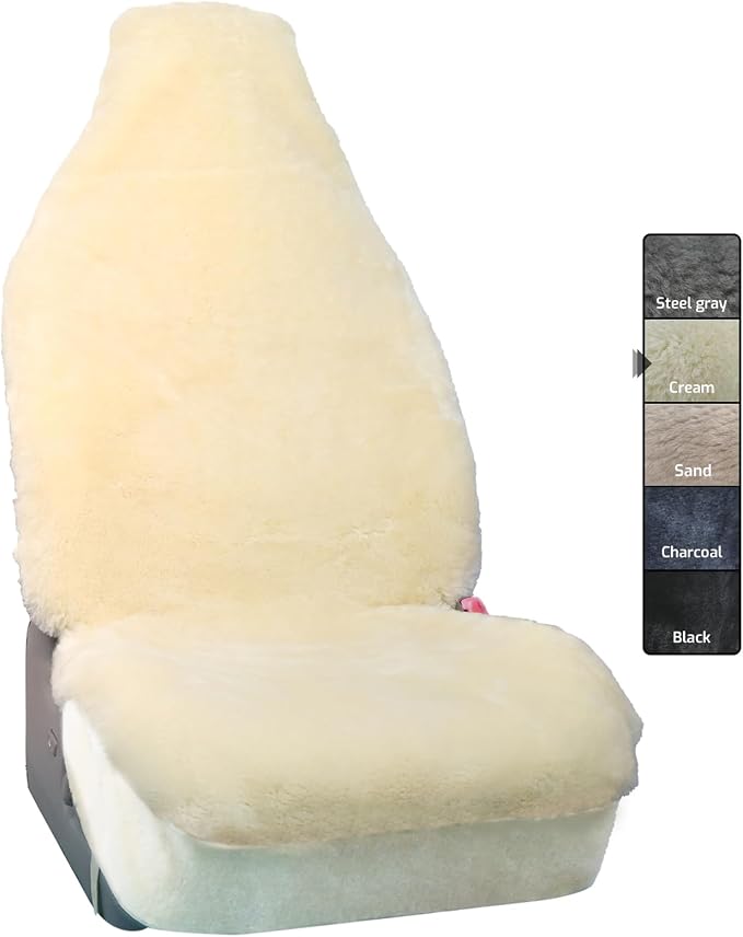 Aegis Cover Sheepskin Car Seat Cover Genuine Australian Merino Wool Front Seat Cover Luxury Dense Pelt Universal Fit for Most SUVs, Trucks, Bucket-Style, 54 X 22 Inches (Cream)
