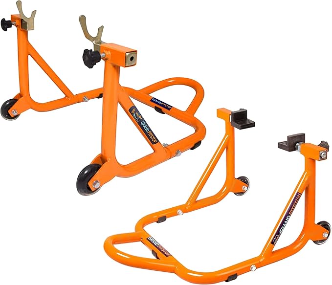GRAND PITSTOP Motorcycle Stand, Paddock Lift Stand for Rear Wheel with Fork & Swingarm Spool,Weight Capacity 529 lbs/240 Kg's, Dismantable Stand, for Honda Kawasaki Suzuki Motorcycles, Orange