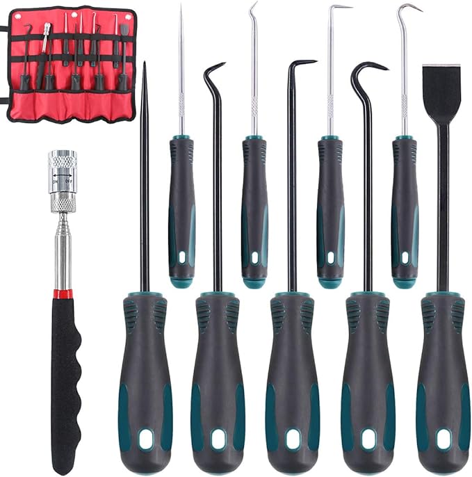 Glarks 10 In 1 Heavy Duty Hook and Pick Set, 9Pcs Precision Scraper, Hook and Pick with a 19 to 69 CM Telescopic Magnetic Pickup Tool For Removing Gaskets, Springs, Oil Seals, O-rings