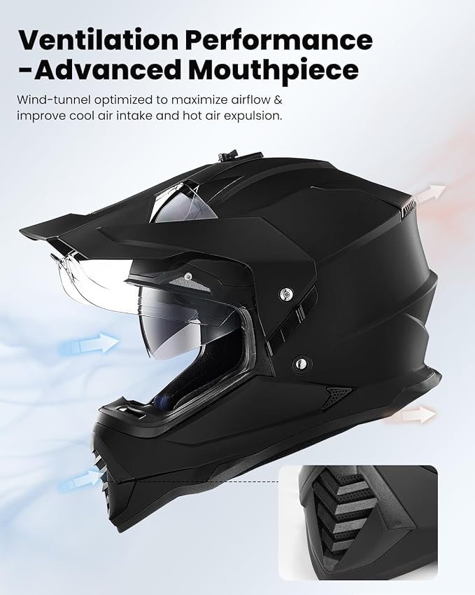 ILM Dual Sport Adventure Motorcycle Helmet with Pinlock Compatible Sun Visor Snowmobile ATV Dirt Bike Off Road Casco Model WS902 (Matte Black, M)