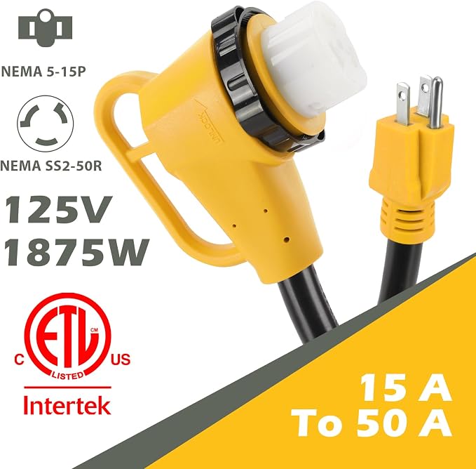 RV 50 Amp to 110 Adapter with Locking Connector, 50 Amp to 15 Amp RV Adapter, NEMA 5-15P to NEMA SS2-50R Electrical Power Adapter with Upgraded Grip Handle, ETL Listed, 3-Year Warranty