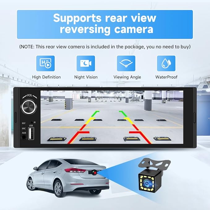 Single Din Car Stereo, 6.36 Inch CarPlay & Android Auto HD IPS Touchscreen Radio with Bluetooth with Backup Camera, Support USB Type-C Charging/USB/Microphone/FM/EQ