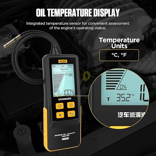 Engine Oil Quality Tester, Digital Transmittance Analyzer with Temperature Display for Gasoline and Diesel Engines, 2.8" HD Backlit Screen, 800mm Flexible Probe