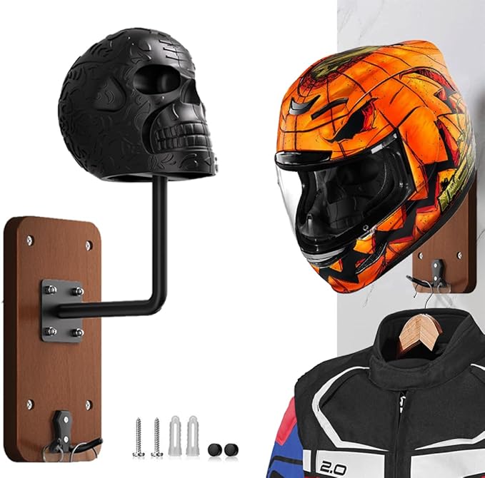 SANGMO Metal Skull Helmet Rack Wall Mount, Motorcycle Helmet Holder Wall Mount Bike with 2 Hooks for Motorcycle Bike Baseball Rugby Black (1 Pack)
