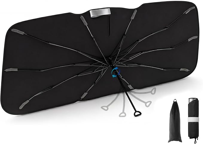 3W Windshield Sun Shade Umbrella, Small 53.1" x 29.5" – Graphene Coating Heat Shield, Spring Structure Edge – Protect Car Interior from Sun Rays & Heat Damage, Keep Cool