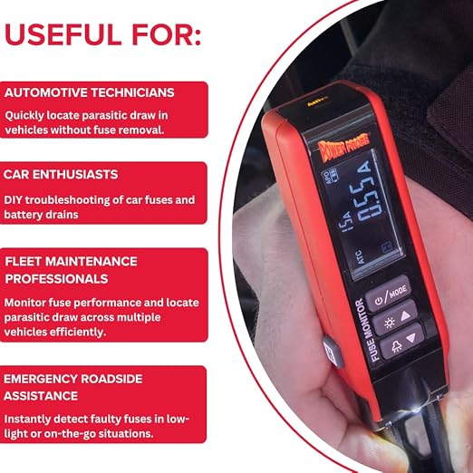 Power Probe PPFUSE Fuse Monitor - Circuit Tester for Mini, Maxi & ATC Fuses – Live Current Readings Up to 80A – Replaceable Tips, and Built-in Flashlight