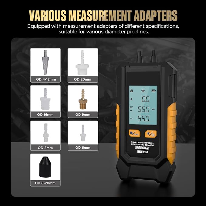 OBD2 Breakout Box 16-Pin CAN 17.7 inches Cable Fault Diagnosis Scan Tool & Dual-Port Manometer HVAC with 7 Adapters, 6 Units Switch, Data Hold & Backlit Display Screen
