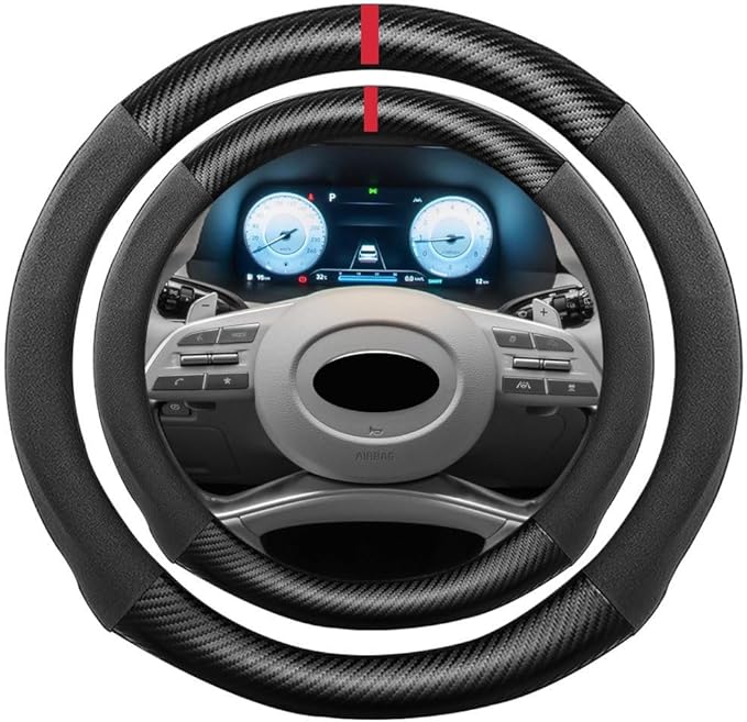 Suede Carbon Fiber Steering Wheel Cover, Compatible with Elantra Kona Palisade Santa Fe Tucson Veloster Sonata Accent Veloster 15 inch Suede Sport Non-Slip Interior Accessories