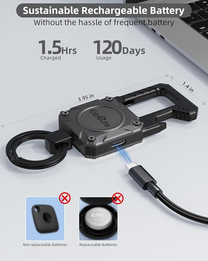 ExtreLife Keychain, Works with Apple Find My, Bottle Opener, Carabiner Car Key Chains with Gps Tracker