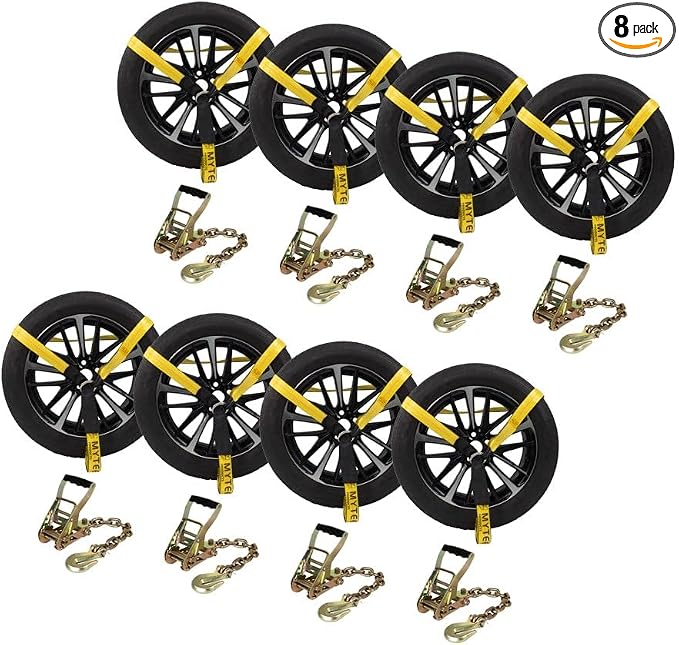 Mytee Products (8 Pack) 2" x12' Car Tie Down Ratchet Lasso Straps with Chain Anchor - 3,335 LBS WLL - Car Hauler Tire Straps for Trailers - Tie Down for UTV, Trucks, ATV