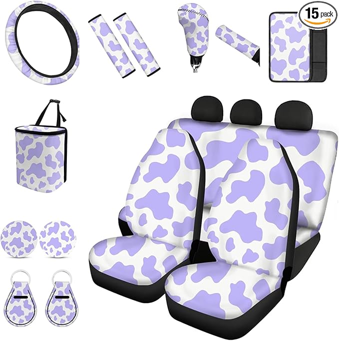 Forchrinse Purple Cow Print Car Seat Cover 15Pack Auto Interior Set for Women with Steering Wheel Cover/Armrest Cushion/Seatbelt Cover/Car Coaster/Keychain/Handbrake Gear Shift Cover