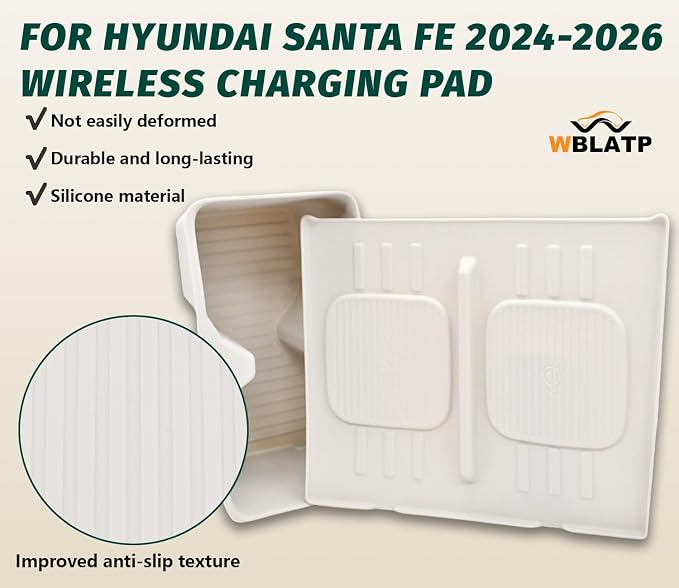 Cup Holder Insert & Wireless Charging Protective Mat for 2024 2025 2026 Hyundai Santa Fe White 2Pcs (Scratch & Scuff Free) (Easy to Clean) Center Console for Hyundai Santa Fe Accessories