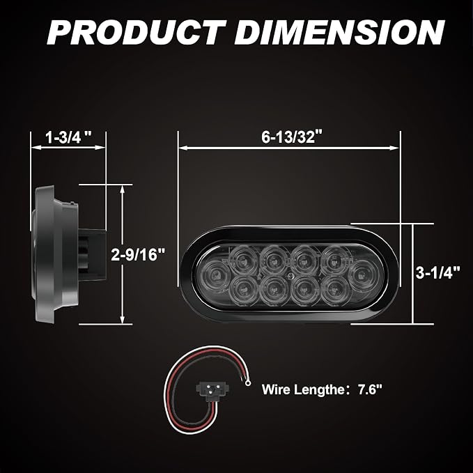 6" Oval LED Trailer Lights, Red 4 Pack, 12V | 6-inch oval, 4 red, smoked lens, IP65 waterproof, 3-wire plug-and-play, stop/turn/tail, high brightness