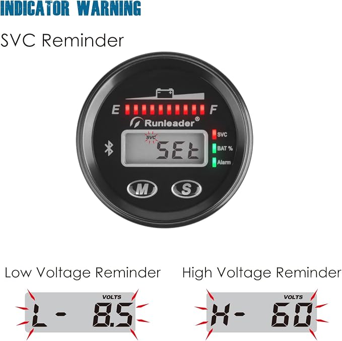 Runleader 12V to 48V Bluetooth LED Battery Indicator,Voltage Gauge with Alert,Run Hours Record for Lead Acid Trojan Lithium Gel AGM LiFePO4 Battery Powered Golf Cart Forklift Go-Kart (1)
