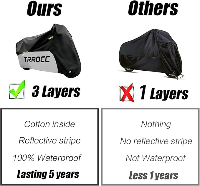 300D Heavy Duty Motorcycle Cover Waterproof Outdoor, Quad Cover for BMW, Harley, Yamaha, Lined with Cotton, Touring, Sportbike, Scooter, Powersports Vehicle Covers, XL Black & Silver