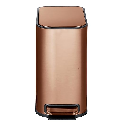RED FACTOR Slim Small 1.3 Gallon Stainless Steel Pedal Trash Can with Soft Close Lid for Narrow Spaces – Wastebasket Bin with Removable Inner Bucket for Bathroom, Kitchen, Bedroom, or Office (Copper)