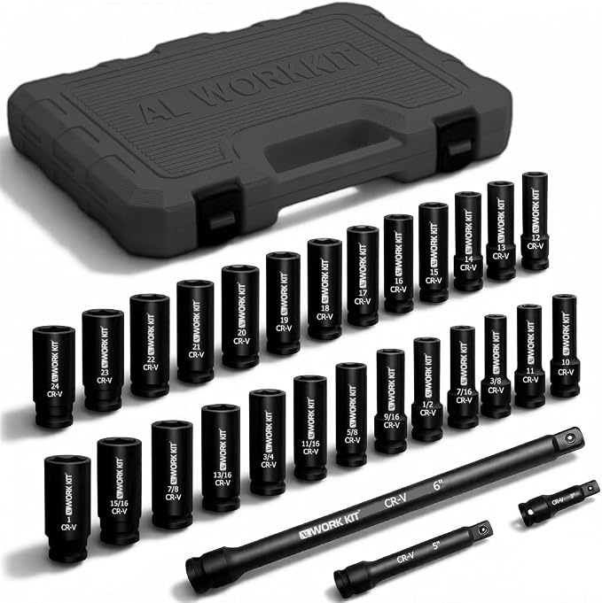 1/2" Drive Impact Socket Set 29-Piece, Cr-V-M Steel Deep Socket SAE(3/8" - 1") & Metric(10-24mm) Sizes, with Extension Bar, with Storage Case