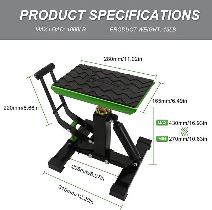 POLARBEAR Dirt Bike Stand and Lift Motorcycle Hydraulic Jack Stands1200LBs Capacity Adjustable Height Quick Jack for Maintenance(Green)
