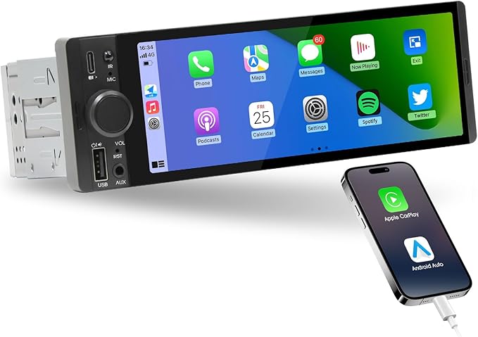 AKAMATE Single Din CarPlay Stereo: Android Auto Touchscreen Car Radio for Classic Vehicles - 6.5 Inch IPS Display GPS Navigation Voice Control Bluetooth AM FM Type-C Charge USB AUX