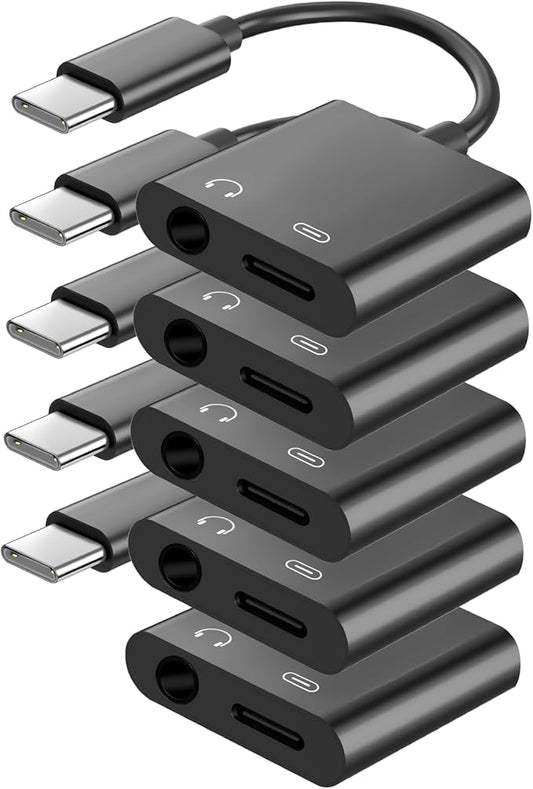 Seulliya USB C to 3.5mm Headphone Jack and Charger Adapter, 2-in-1 Audio & Fast Charging Splitter for Apple iPhone 17/16/15/Pro/Pro Max, iPad, Samsung, Pixel, and More 5Pack Black