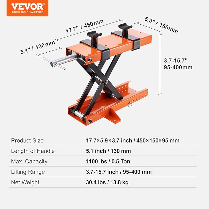 VEVOR Motorcycle Lift, 1100 LBS Motorcycle Center Scissor Lift Jack with Saddle & Safety Pin, Steel Motorcycle Jack Hoist Stand for Street Bikes, Cruiser Bikes, Touring Motorcycles