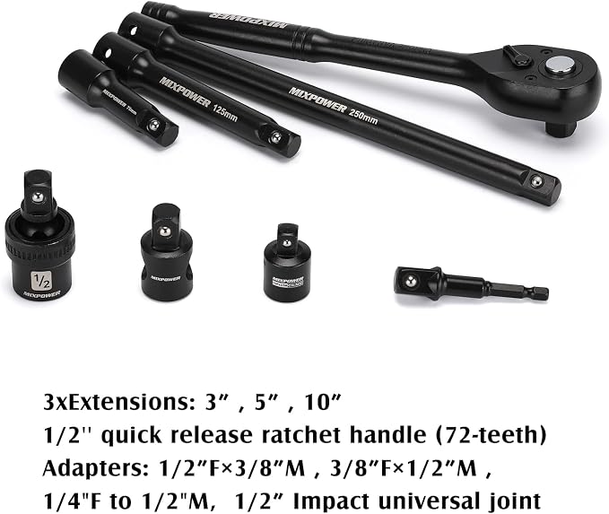MIXPOWER 38-Piece 1/2-Inch Drive Deep Impact Socket Master Set with 10-inch Quick-release Ratchet Handle & Accessories, 3/8" - 1-1/4", 10-32MM, Deep, SAE&Metric, CR-V Steel