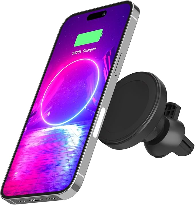 PhoneSuit Magnetic Car Dock for MagSafe & iPhone Wireless Charging | Strong Neodymium Magnets | 15 Watt Fast Charging | | Include USB Car Charger | Air Vent Adapter | iPhone 15/14 / 13/12 & More