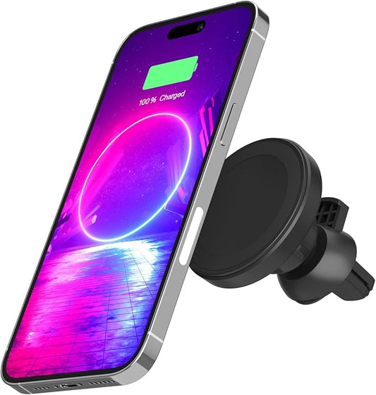 PhoneSuit Magnetic Car Dock for MagSafe & iPhone Wireless Charging | Strong Neodymium Magnets | 15 Watt Fast Charging | | Include USB Car Charger | Air Vent Adapter | iPhone 15/14 / 13/12 & More