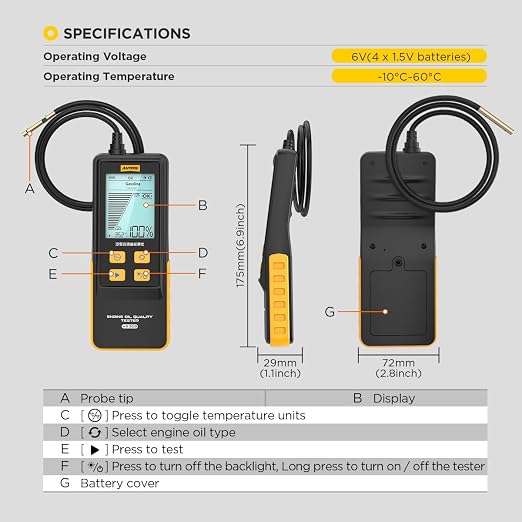 Engine Oil Quality Tester, Digital Transmittance Analyzer with Temperature Display for Gasoline and Diesel Engines, 2.8" HD Backlit Screen, 800mm Flexible Probe