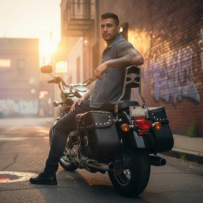 Milwaukee Leather SH645ZB Black 2-Strap PVC Zip Off Throw Over Motorcycle Saddlebags with Chrome Studs - One Size