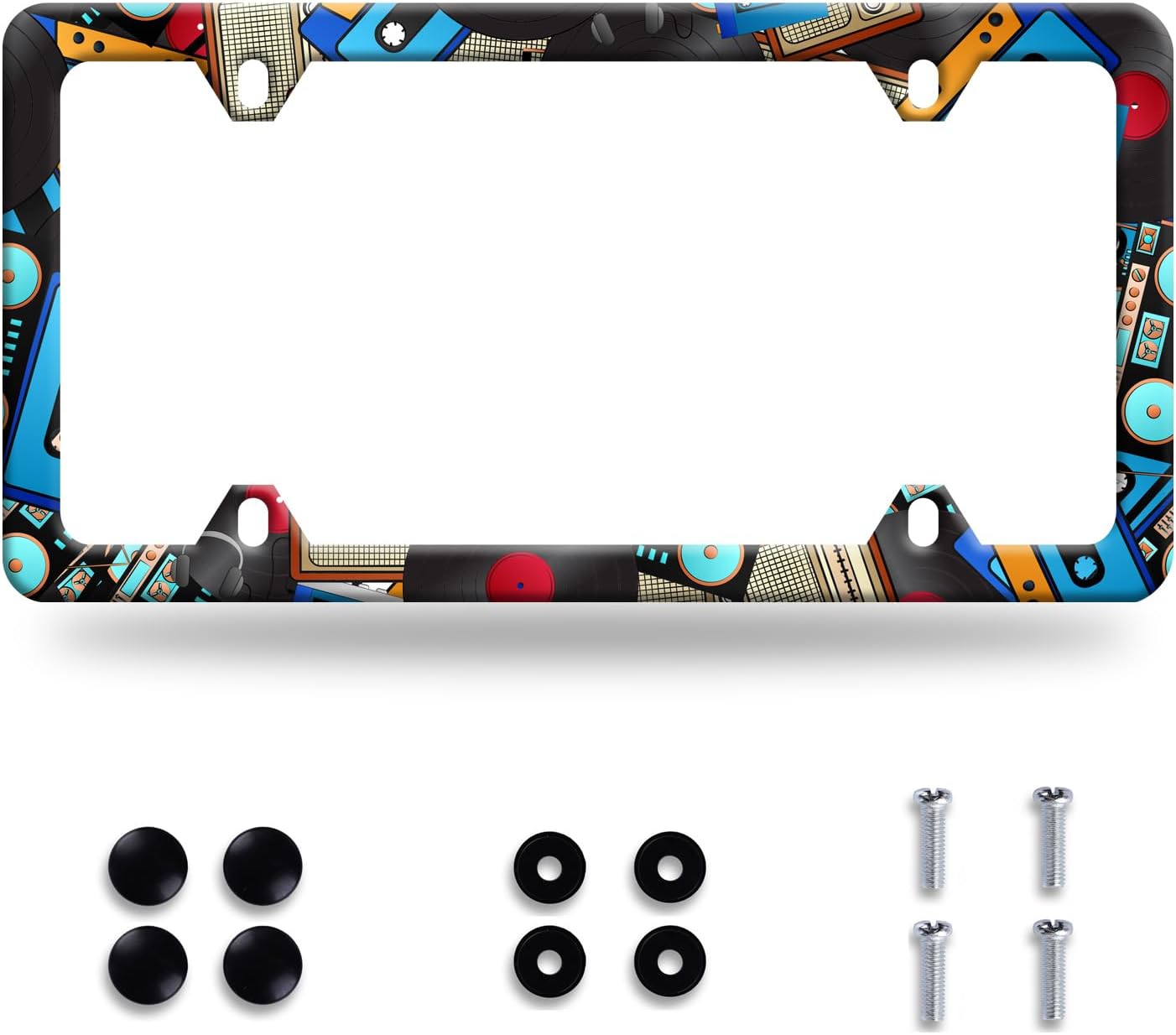 Music License Plate Frame Retro Music Cassettes License Plate Stainless Steel Funny License Plate Holder Men Women Colorful Music Car Accessory Decoration 12.3" x 6.3"