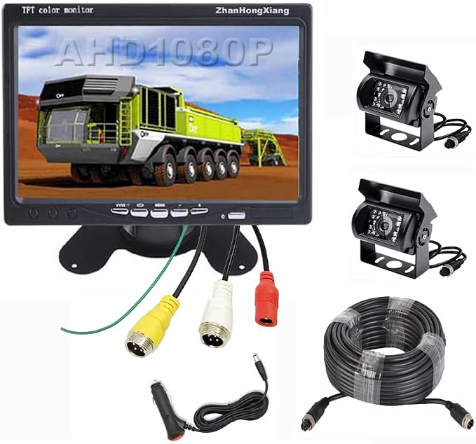 AHD 1080P Vehicle Backup Camera and 7 inch IPS Screen Monitor System, 2X Wired Car Rear View Mirror Camera 4 Pin with 15m20m Cable for RV Truck Camper Semi Box