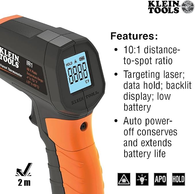 Klein Tools IR1 Infrared Thermometer, Digital Laser Gun is Non-Contact Thermometer with a Temperature Range -4 to 752-Degree Fahrenheit & ET10 Magnetic Digital Pocket Thermometer