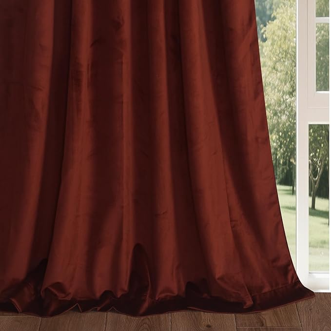 Roslynwood Luxury Soft Burnt Ochre Velvet Curtains 63 inches Long Back Tab Thermal Insulated Blackout Window Drapes for Living Room/Bedroom/Dining Room, W52 x L63, 2 Panels