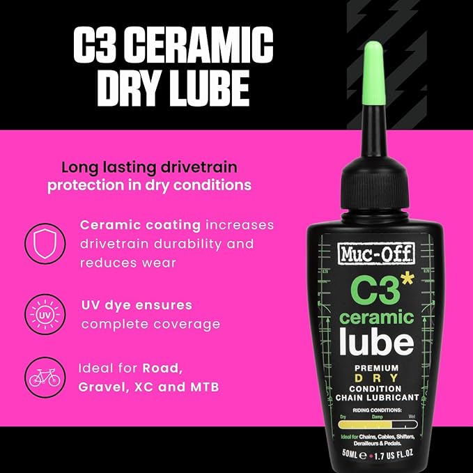 Muc-Off C3 Ceramic Dry Chain Lube, 50 Milliliters - Premium Bike Chain Lubricant with UV Tracer Dye - Formulated for Dry and Dusty Weather Conditions, Green