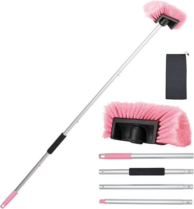 Car Wash Brush with Long Handle, 60'' Soft Bristle Cleaning Brush, Car Cleaning Brushes, Carwash Brushes for SUV, RV, Boat, Truck, House Siding, Sweep Snow,Pink