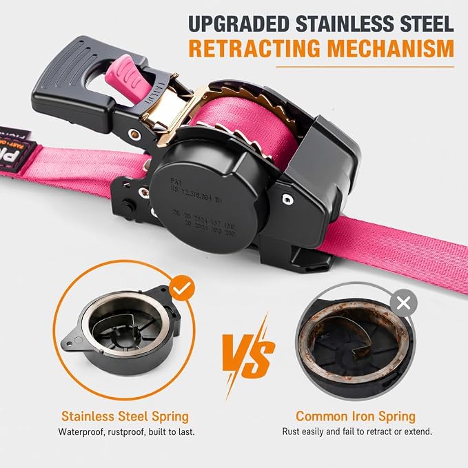 Retractable Ratchet Straps (4-Pack) - 1 Inch x 10 Feet (1,764lb Break Strength) - Heavy Duty Auto Self Retracting Tie Down Straps for Truck, Cargo Trailer, Motorcycle, ATV, UTV – Pink