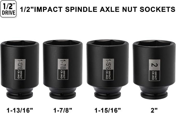Mayouko 4PCS 1/2" Drive Spindle Axle Nut Impact Socket Set, 1-13/16, 1-7/8, 1-15/16, 2 Inch, CR-MO, Deep, 6 Point