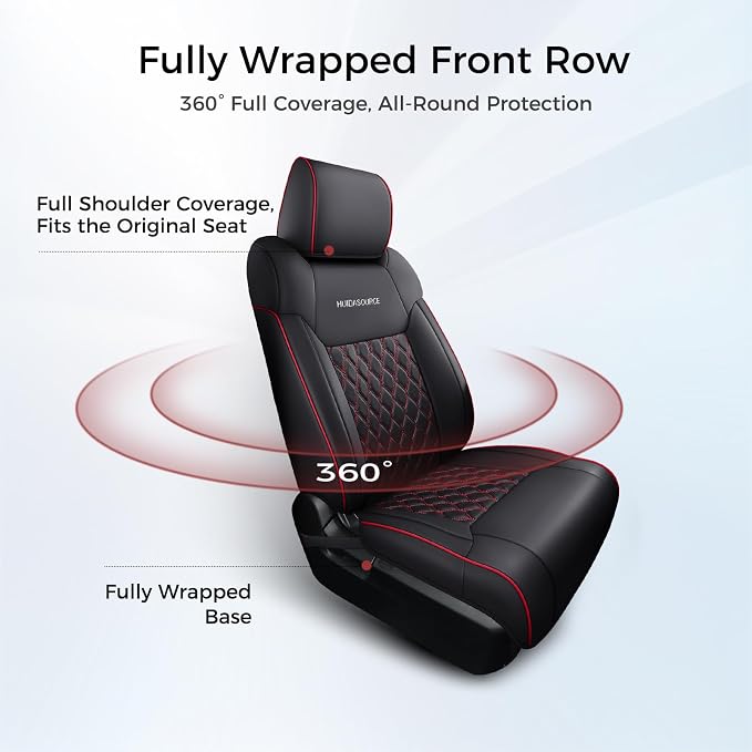 Huidasource Dodge Ram Seat Covers Full Set, Full Coverage Waterproof Leather Pickup Truck Seat Cushion Protector Fit for 2009-2018 1500, 2010-2025 2500/3500 Crew Mega Cab(Full Set/Black&Red)
