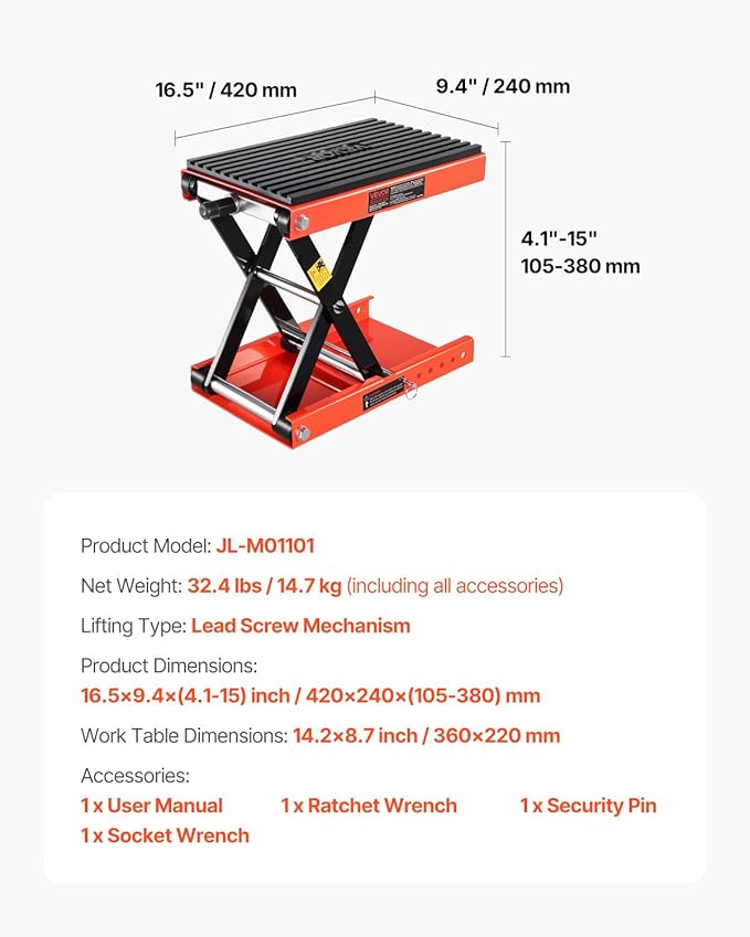 VEVOR Motorcycle Lift 1200lbs Capacity Motorcycle Stand, Deepened Anti-Slip Rubber Motorcycle Scissor Jack, Heavy Duty Steel Bike Repair Center Stand with Ratchet and Crank for ATVs, Dirt Bikes