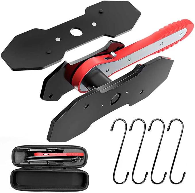 Brake Caliper Compression Tool Kit, Caliper Piston Compressor Tool, 360° Ratchet Piston Press with 4 Hooks & 2 pcs Large Steel Plate for Single Twin Quad Sextuplet Piston Disc Brake Caliper (Red)