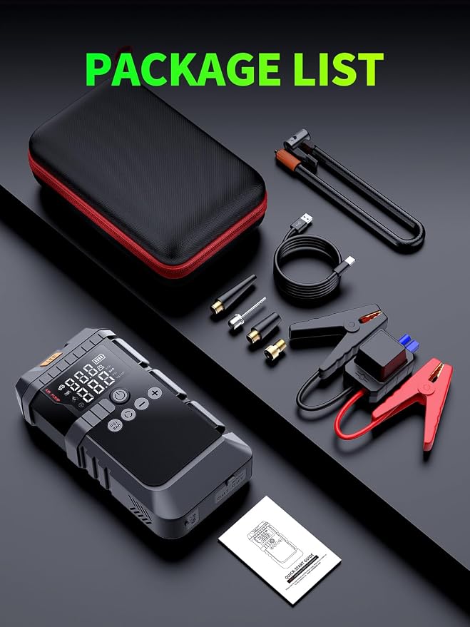 Portable Car Battery Jump Starter with Air Compressor, 6000A Car Battery Booster (All Gas/12L Diesel) with 45W Fast Charge, 160PSI Auto-Shut Off Tire Inflator,LED Light, Jumper Cables,Golves