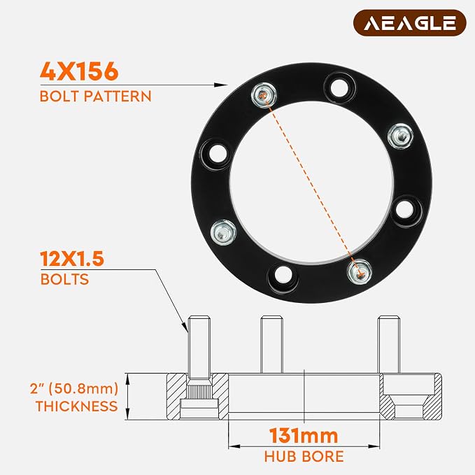 Aeagle 4x156 Wheel Adapters 2" for 2013+ Polaris Ranger RZR, Forged 4 Lug Wheel Spacers with 12x1.5 Studs 131mm Bore 4PCS