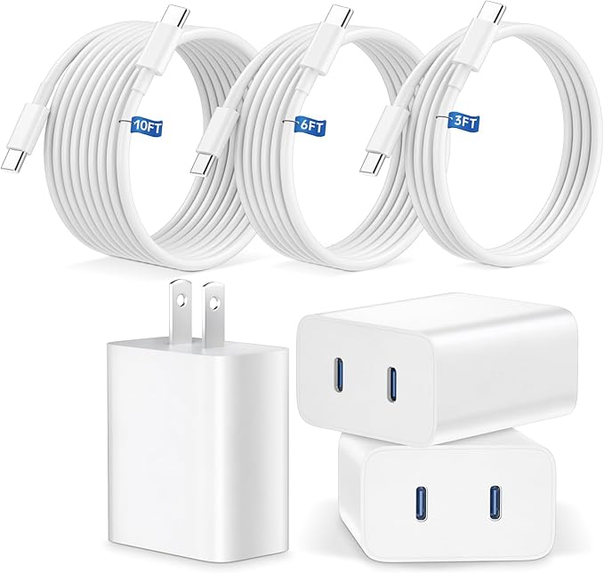 iPhone 15 16 17 Pro Max Charger Fast Charging,3 Pack 45W Dual Port USB C Charger Block with 3/6/10FT Long Type C Charging Cable for iPhone 17/17 Air/17 Pro Max/17 Pro/16/15 Pro Max/Pro/Plus/iPad Pro