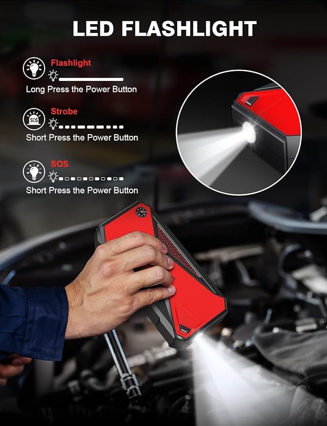 DBPOWER Car Jump Starter, 1600A Peak 17200mAh Portable Power Pack for Up to 7.2L Gas and 5.5L Diesel Engines, 12V Auto Battery Booster with LCD Display, Compass, LED Light and Type-C Port (red)
