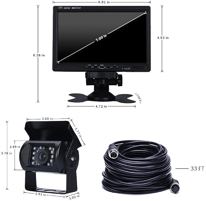 Camecho Vehicle Backup Camera 7" Monitor,18 IR Night Vision Rear View Camera Without Guide Line IP 68 Waterproof, 4 Pins Aviation Extension Cable for 33FT Length RVs, Bus, Trailer,Truck