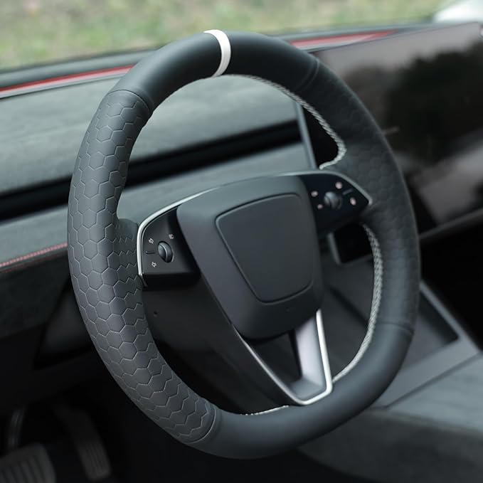 MEWANT Hand Stitch Black Hive Embossed Faux Leather Steering Wheel Cover for Tesla Model 3 Highland 2025 Model Y Juniper