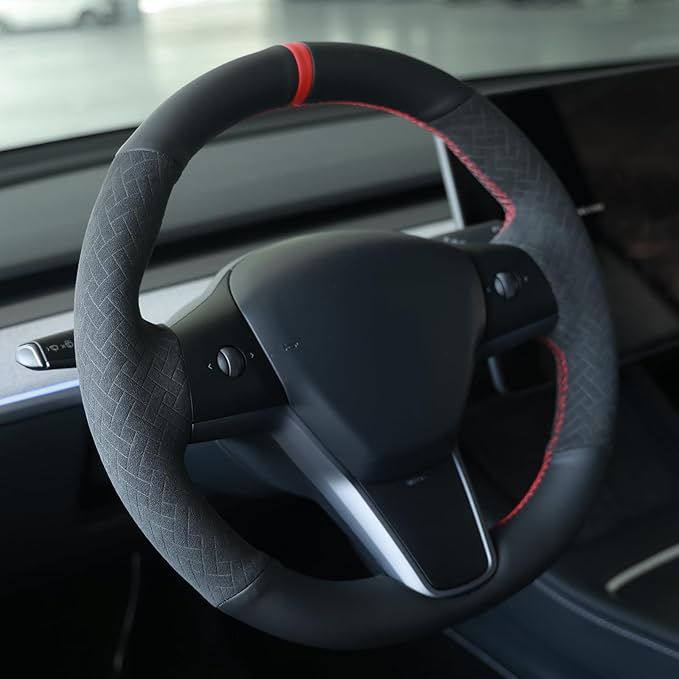MEWANT Hand Stitch Steering Wheel Cover for Tesla Model Y 2023 Model 3 2023 Made of Black Faux Leather Embossed Athsuede